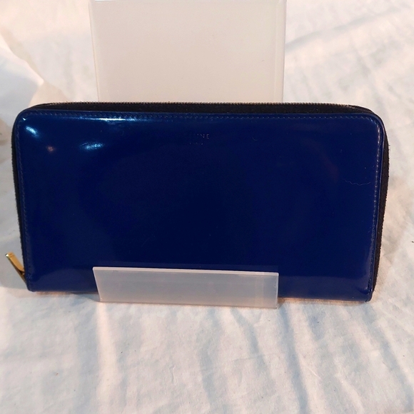 Authentic Vintage Celine Large Zip Around Wallet Blue Patent Leather - Picture 1 of 13